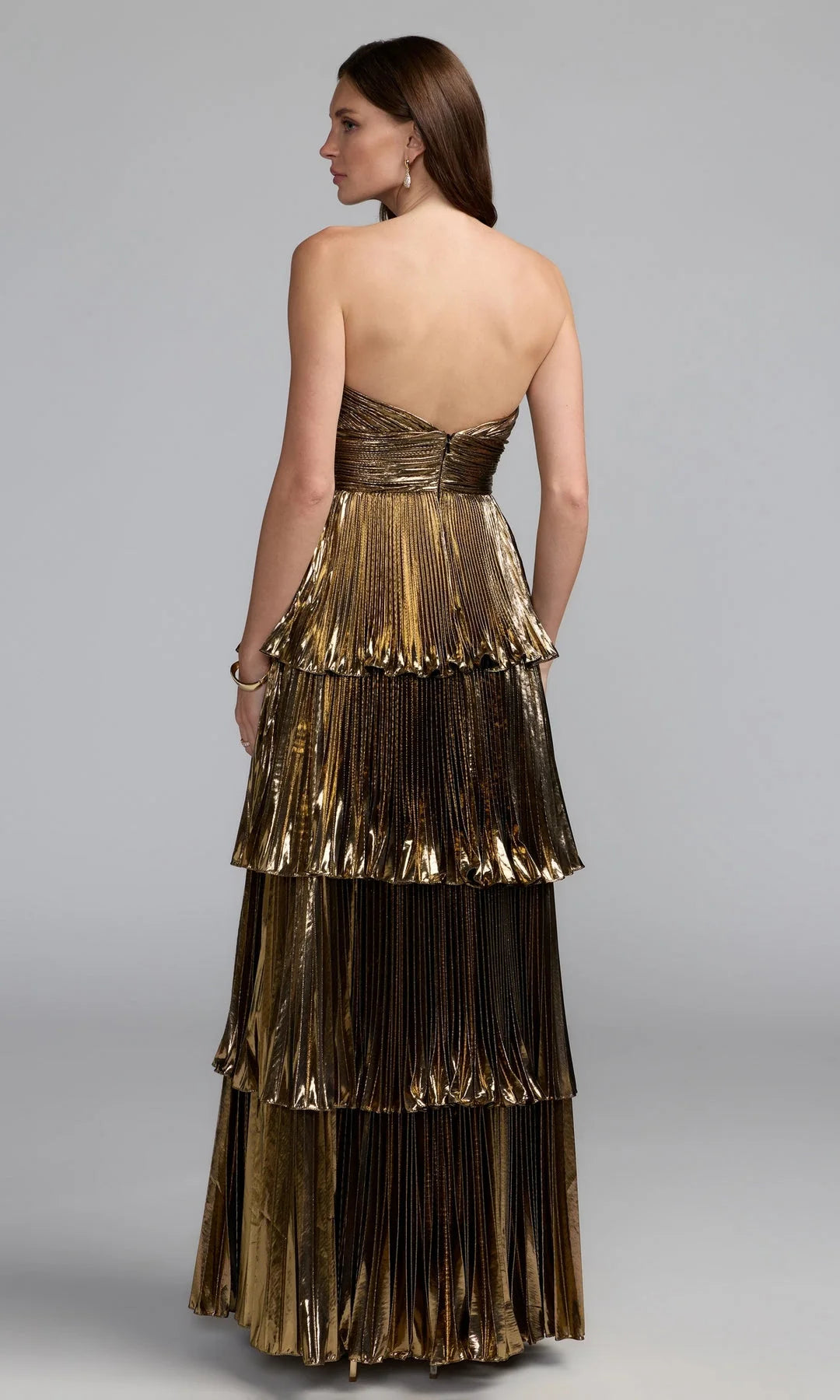 Stunning A-Line Strapless Sleeveless Pleated Tiered Gold Long Prom Dresses Gown