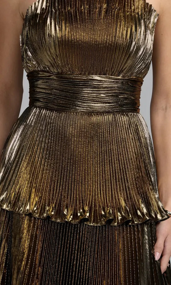 Stunning A-Line Strapless Sleeveless Pleated Tiered Gold Long Prom Dresses Gown