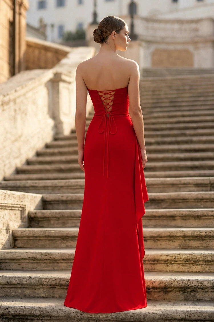 Stunning A-Line Strapless Sleeveless Ruched Slit Red Floor-Length Prom Gown