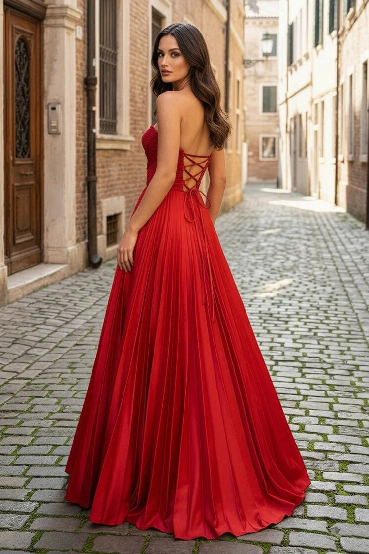 Stunning A-Line Strapless Sweetheart Pleated Red Floor-Length Prom Dresses Gown