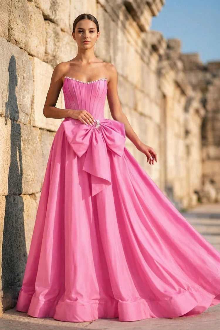 Stunning A-Line Sweetheart Sleeveless Beaded Bow Hot Pink Floor-Length Prom Gown