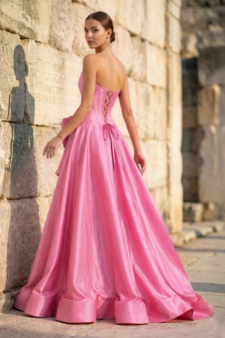 Stunning A-Line Sweetheart Sleeveless Beaded Bow Hot Pink Floor-Length Prom Gown