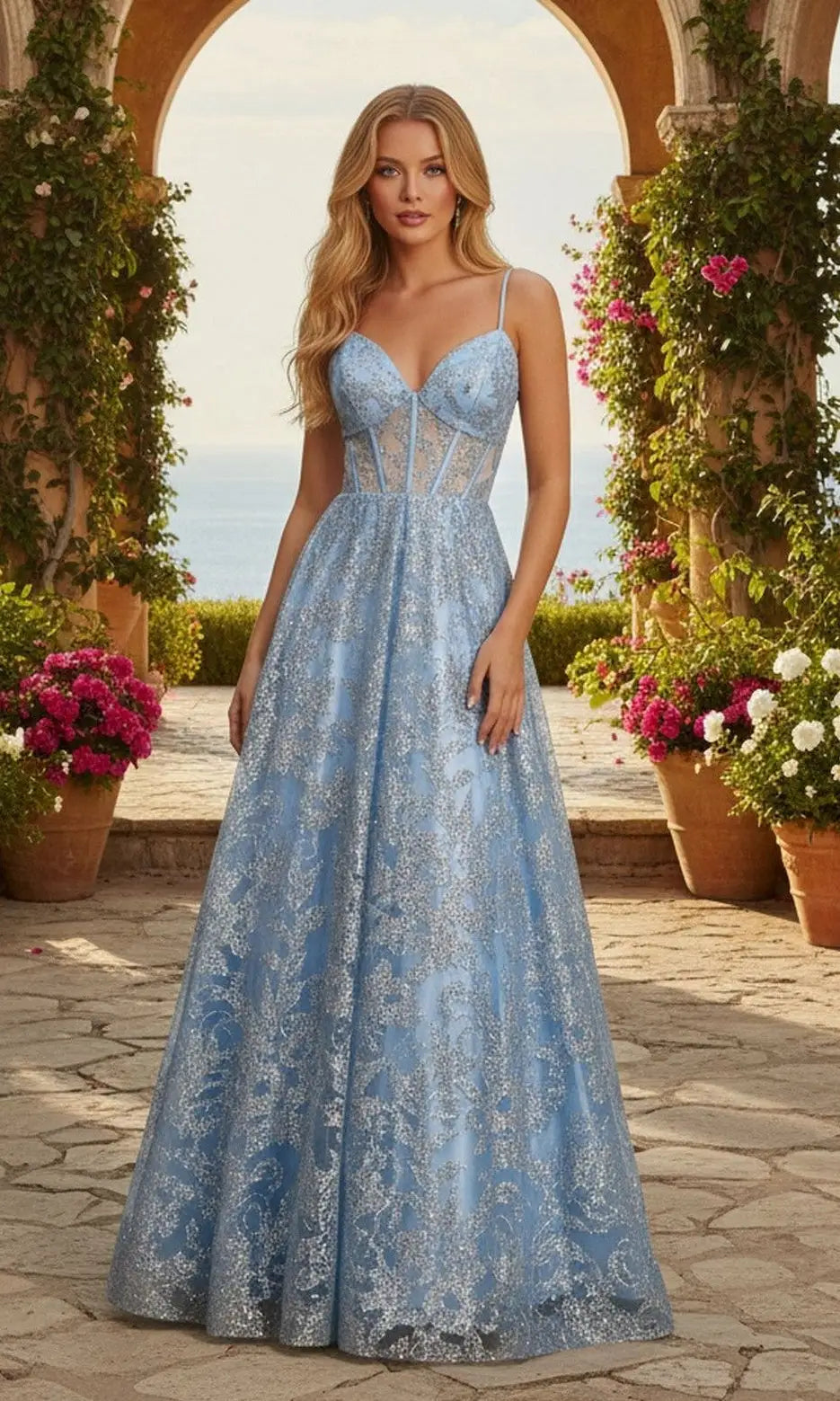 Stunning A-Line Sweetheart Sleeveless Corset Glitter Blue Long Prom Dresses Women
