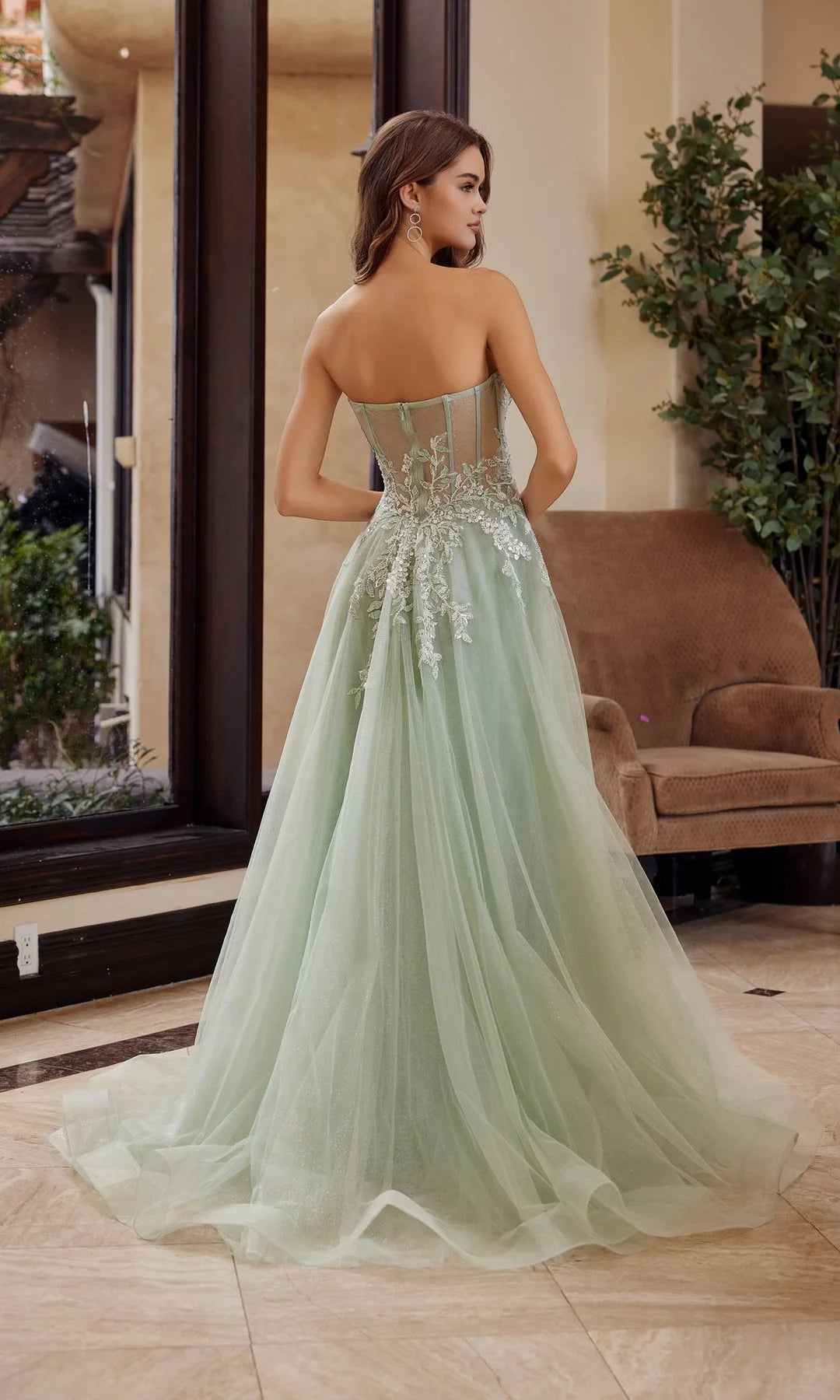 Stunning A-Line Sweetheart Sleeveless Corset Slit Sage Long Prom Dresses Women