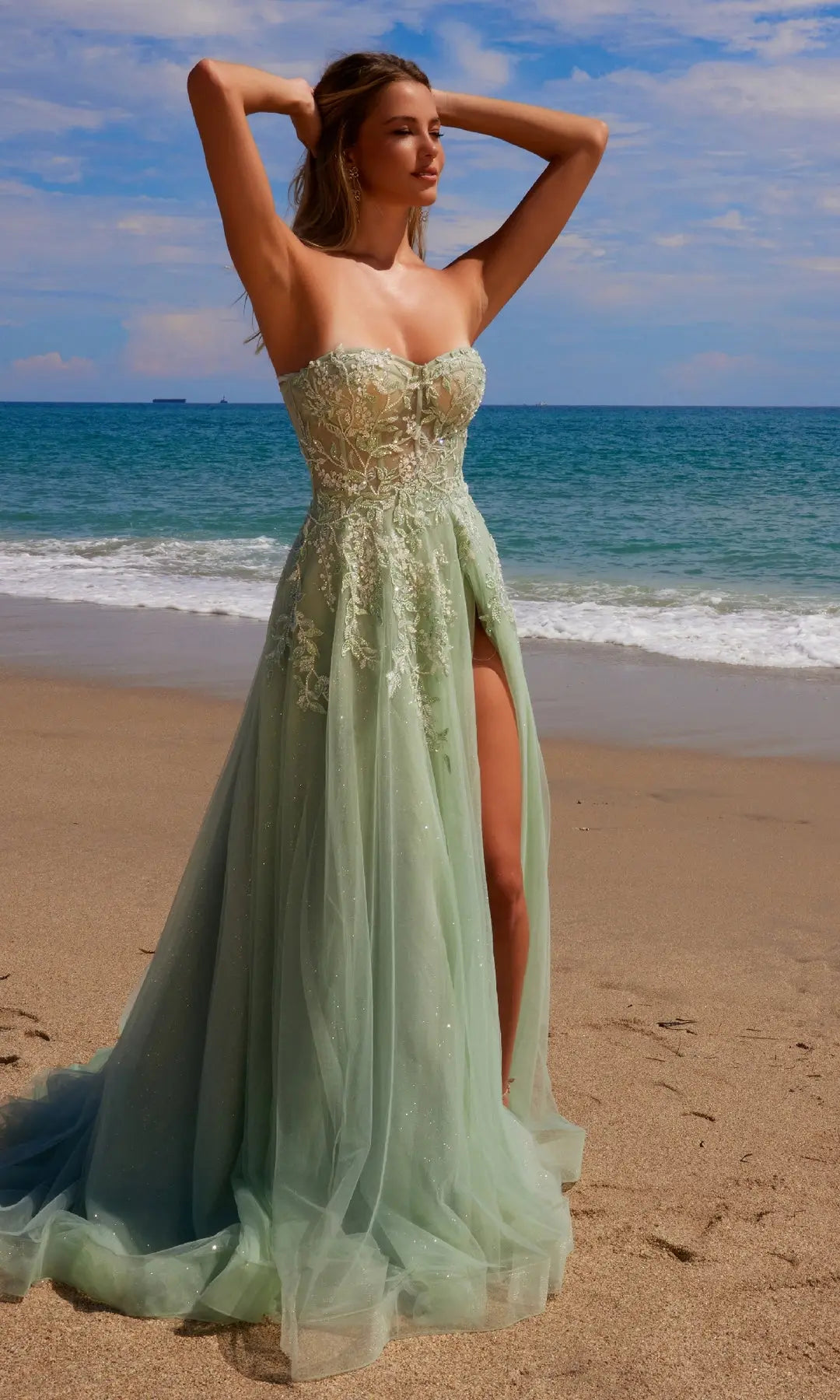 Stunning A-Line Sweetheart Sleeveless Corset Slit Sage Long Prom Dresses Women