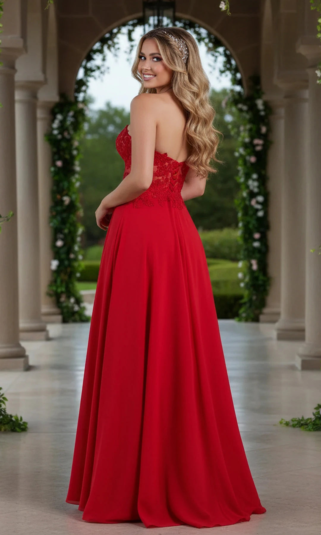 Stunning A-Line Sweetheart Sleeveless Lace Slit Red Long Prom Dresses Women