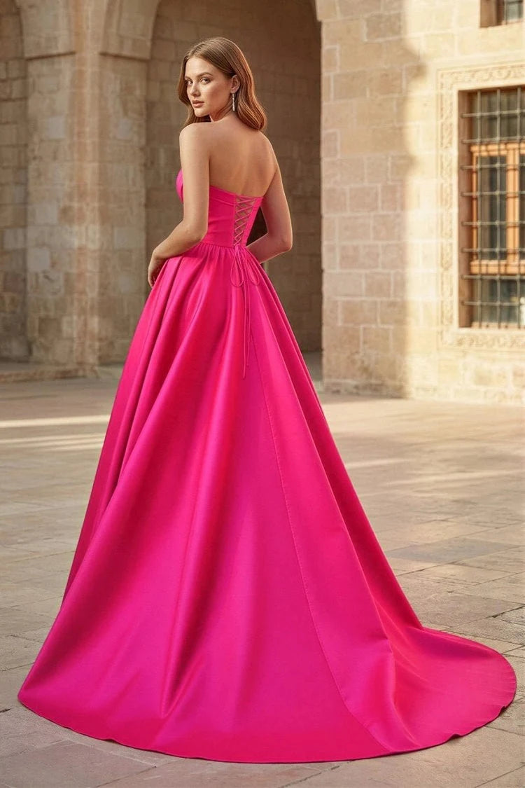 Stunning A-Line Sweetheart Sleeveless Ruched Corset Hot Pink Floor-Length Prom Dresses Gown