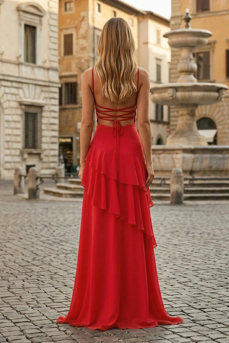 Stunning A-Line Sweetheart Sleeveless Ruffled Backless Red Floor-Length Prom Dress