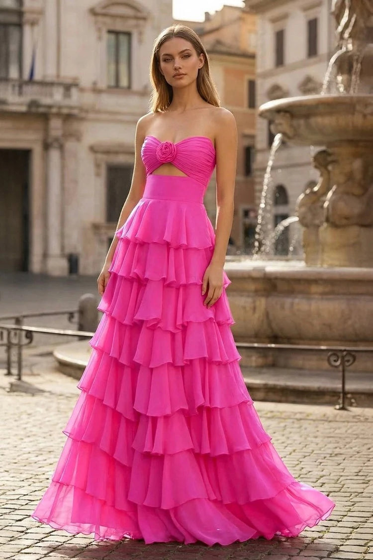 Stunning A-Line Sweetheart Sleeveless Ruffled Fuchsia Floor-Length Prom Dress