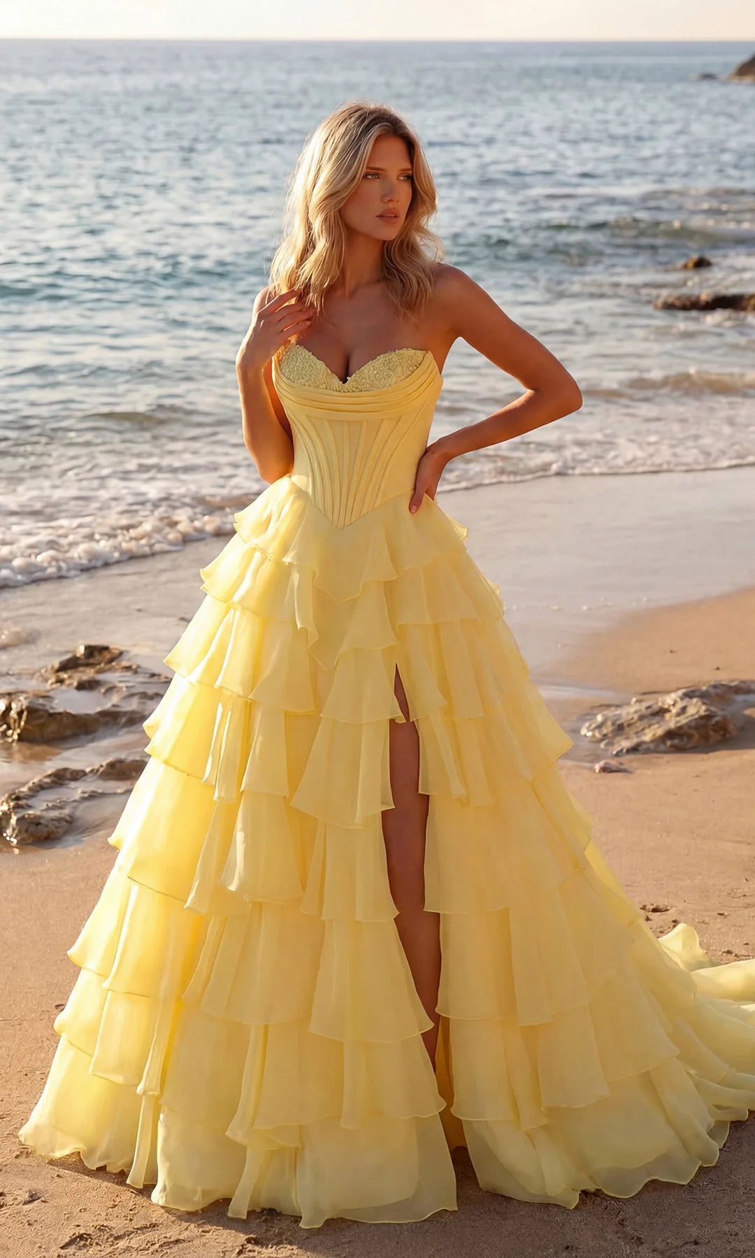 Stunning A-Line Sweetheart Sleeveless Ruffled Slit Sunny Yellow Floor-Length Prom Dresses Women's Gown