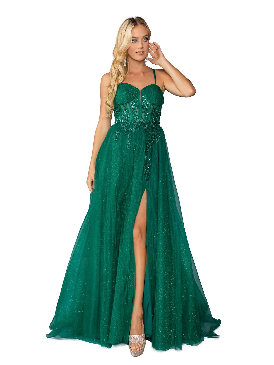 Stunning A-Line Sweetheart Sleeveless Slit Backless Emerald Long Prom Dresses