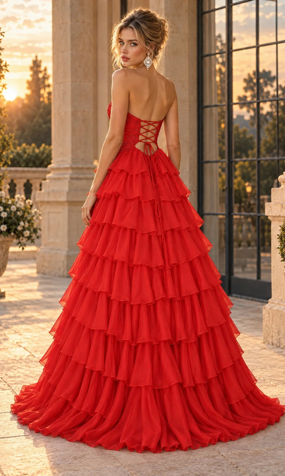 Stunning A-Line Sweetheart Sleeveless Tiered Cutout Red Long Prom Dresses Women Gown