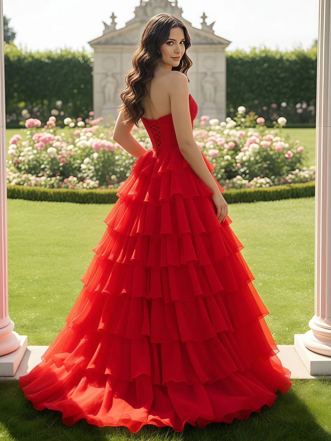Stunning A-Line Sweetheart Sleeveless Tiered Ruffle Red Floor-Length Prom Dress Gown