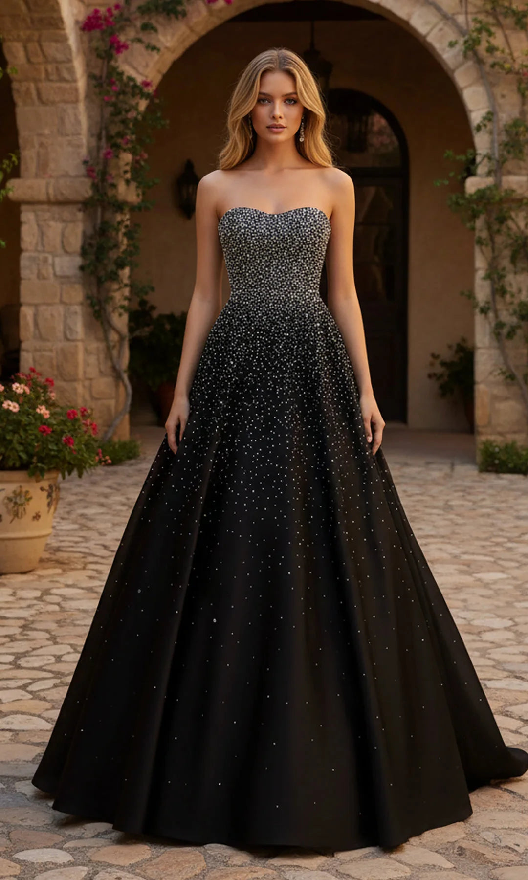 Stunning A-Line Sweetheart Strapless Beaded Corset Black Long Prom Dresses Women