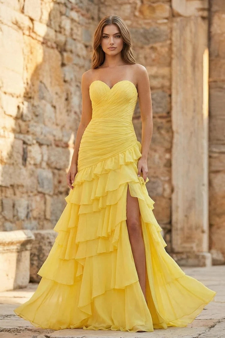 Stunning A-Line Sweetheart Strapless Ruffled Tiered Yellow Floor-Length Prom Dresses Women's Gown