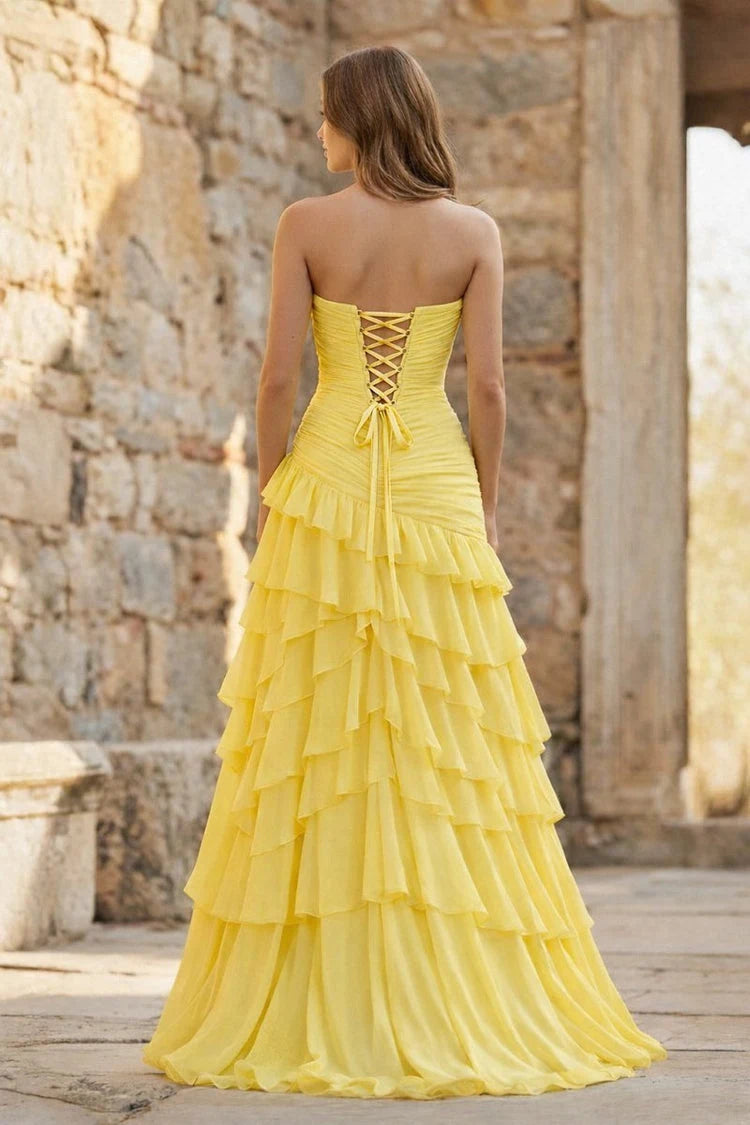 Stunning A-Line Sweetheart Strapless Ruffled Tiered Yellow Floor-Length Prom Dresses Women's Gown