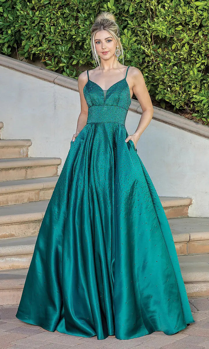 Stunning A-Line V-Neck Sleeveless Corset Beaded Green Long Prom Dresses Women