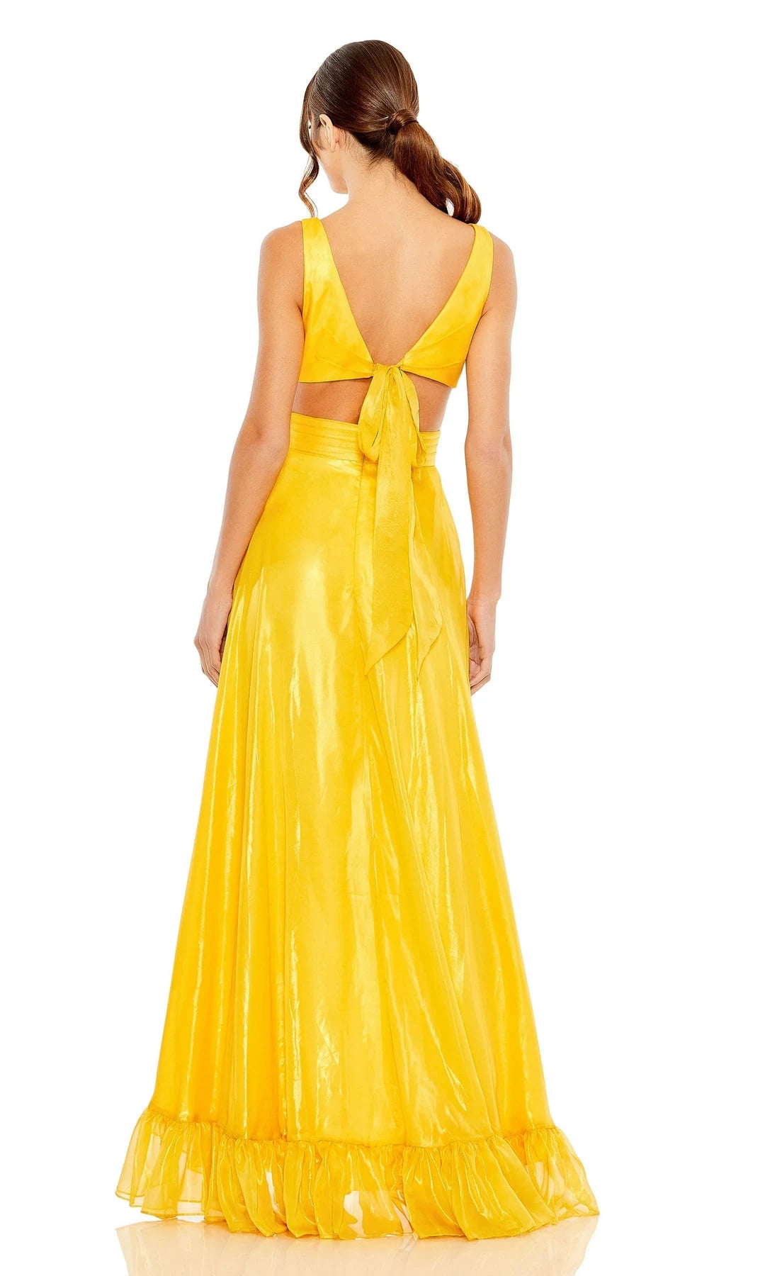 Stunning A-Line V-Neck Sleeveless Cutout Ruffled Yellow High-Low Prom Dresses Women