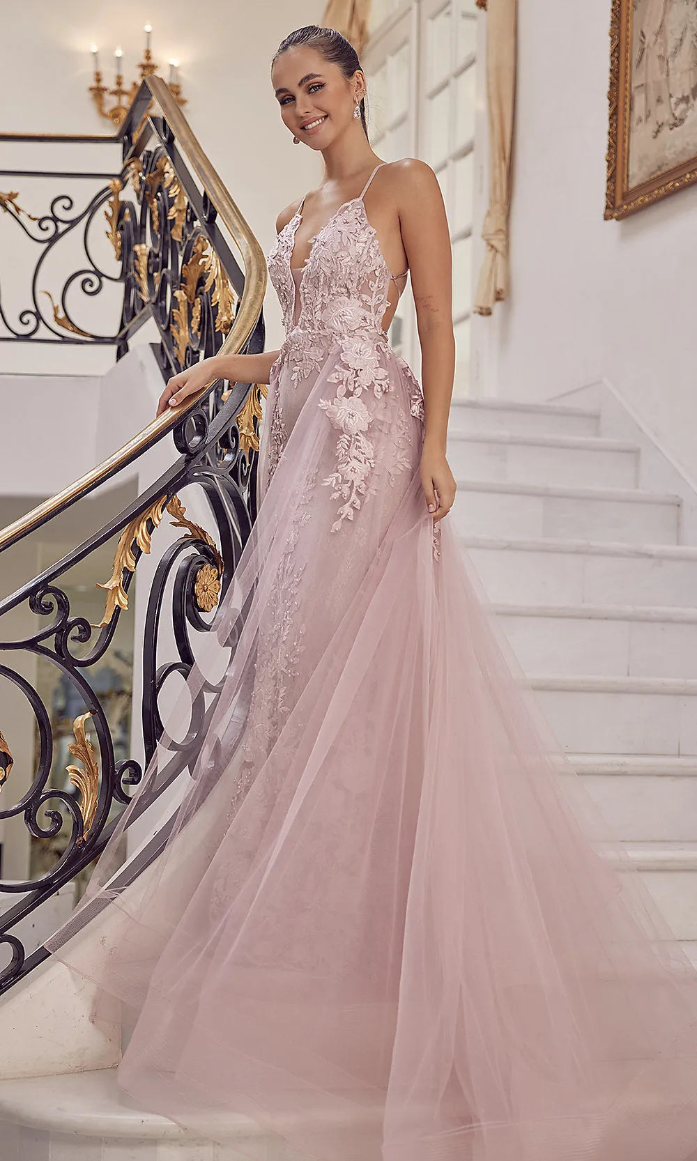 Stunning A-Line V-Neck Sleeveless Embroidered Floral Dusty Pink Floor-Length Prom Dress