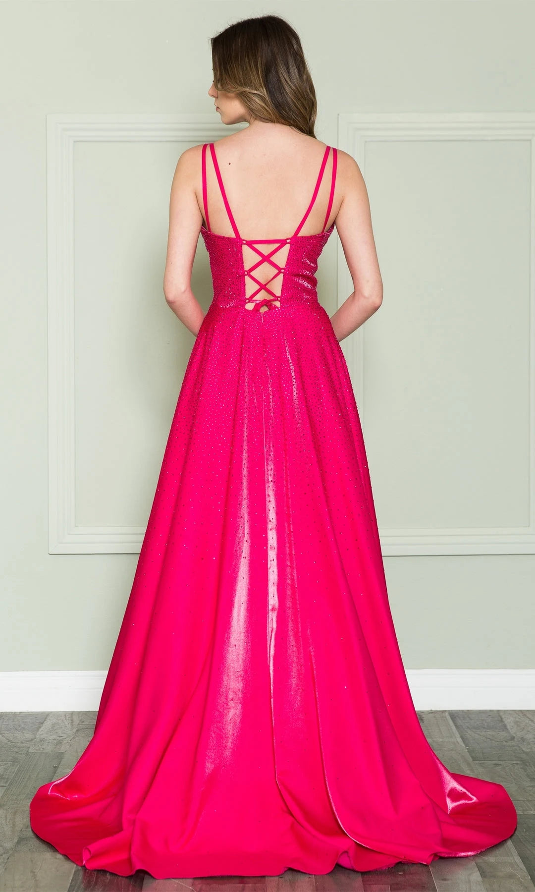 Stunning A-Line V-Neck Sleeveless Lace-Up Slit Fuchsia Maxi Prom Dresses Women