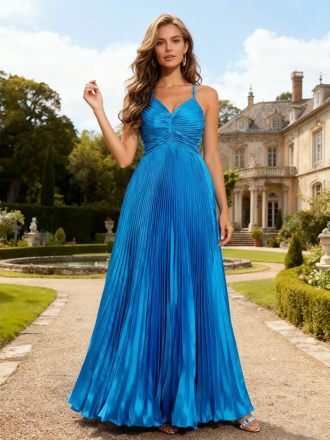 Stunning A-Line V-Neck Sleeveless Pleated Royal Blue Floor-Length Prom Gown