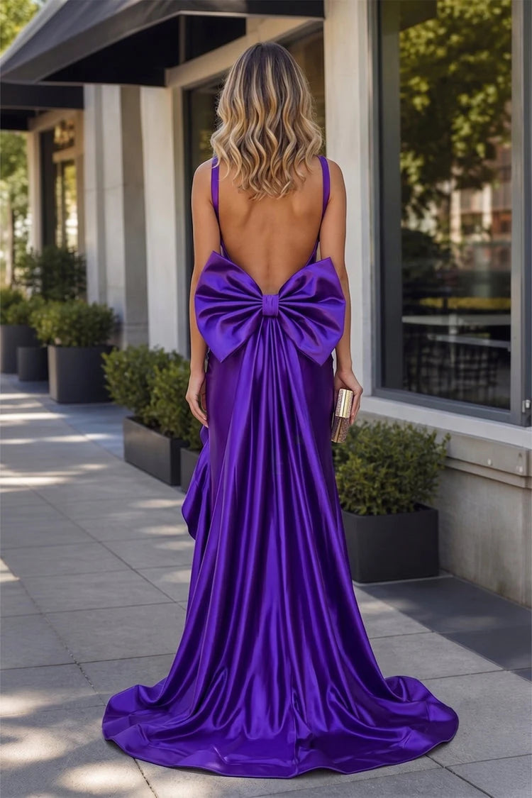 Stunning Fitted Sweetheart Sleeveless Back Bow Purple Floor-Length Prom Gown