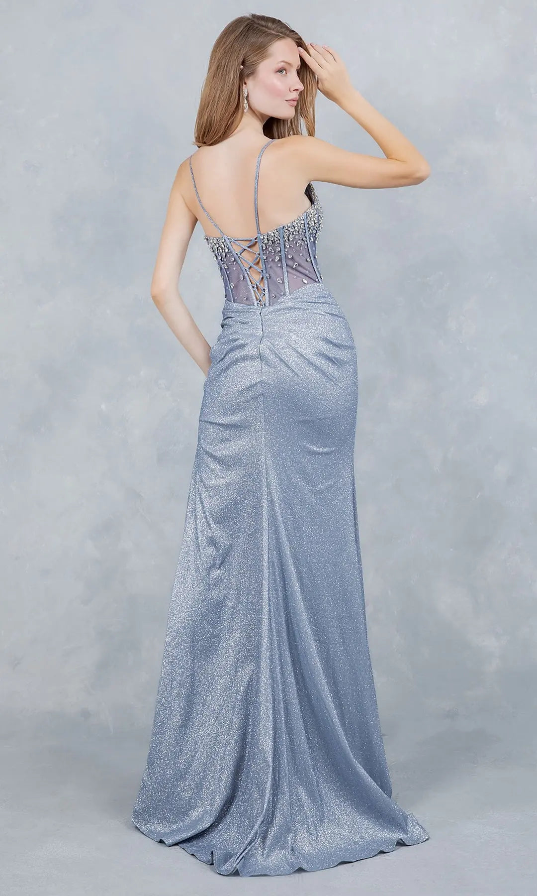Stunning Fitted Sweetheart Sleeveless Beaded Slit Blue Long Prom Dresses Women