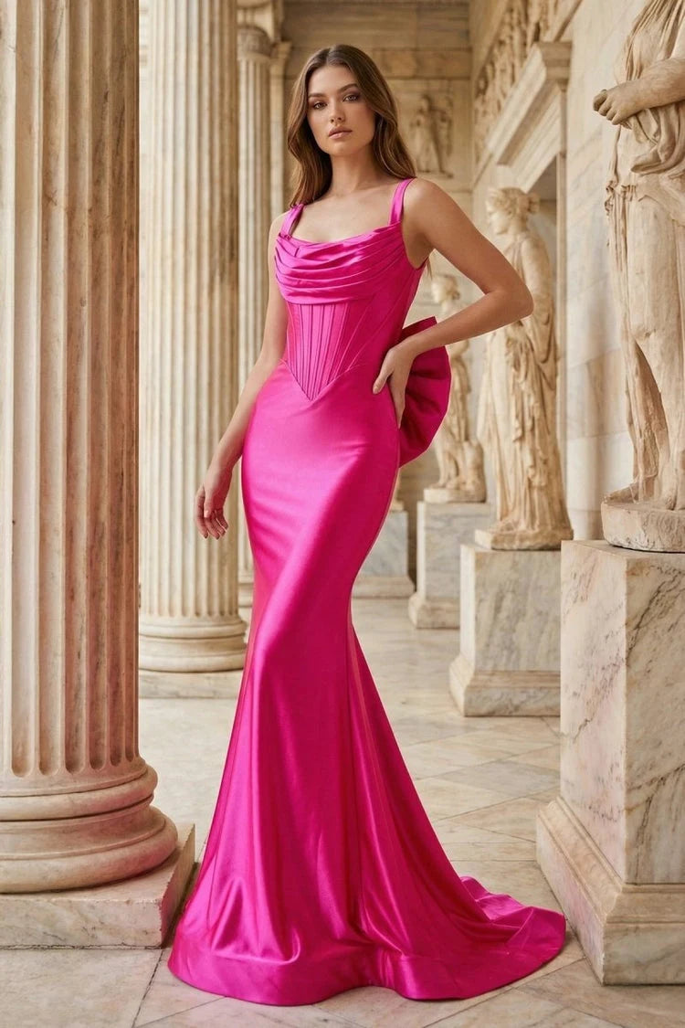 Stunning Mermaid Cowl Neck Sleeveless Backless Bow Fuchsia Floor-Length Prom Gown