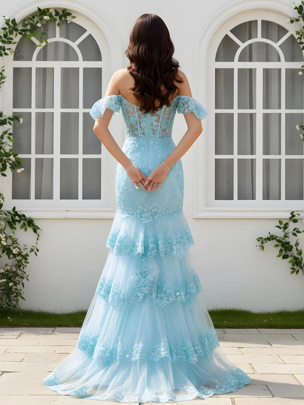 Stunning Mermaid Off-Shoulder Tiered Ruffles Sky Blue Floor-Length Prom Dress