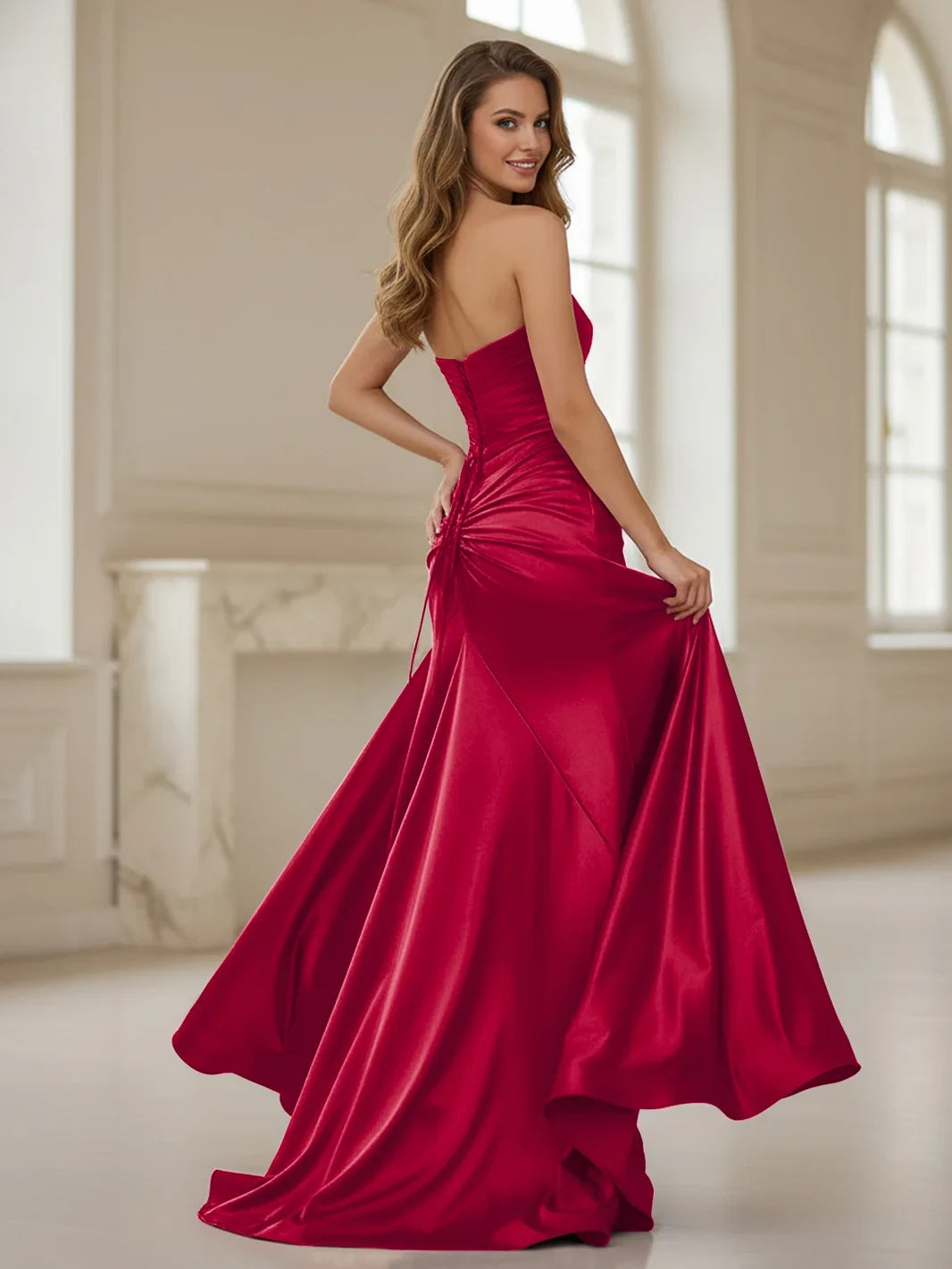 Stunning Mermaid Strapless High Slit Ruched Burgundy Floor-Length Prom Gown
