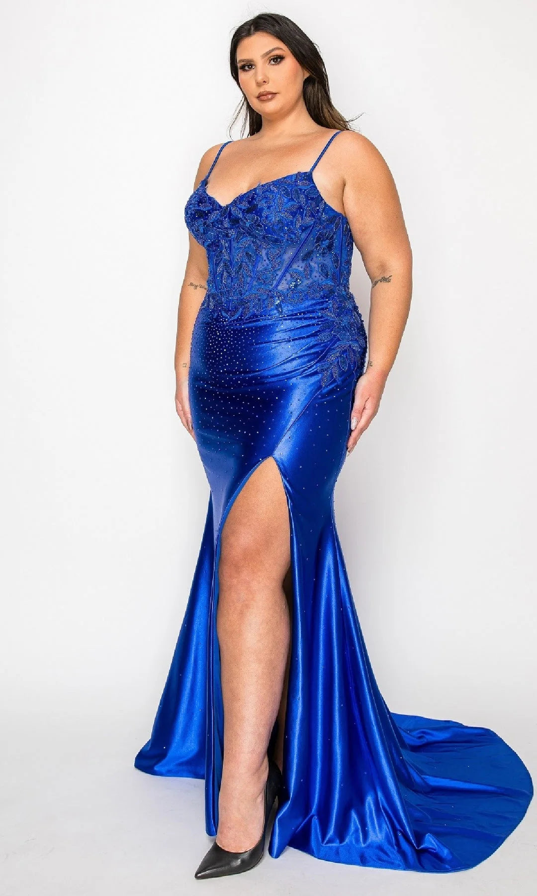 Stunning Mermaid Sweetheart Sleeveless Corset Slit Blue Long Prom Dresses Gown
