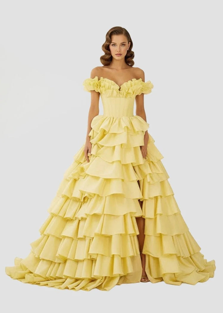 Stunning Off-Shoulder Tiered Ruffle Pastel Yellow Floor-Length Prom Gown