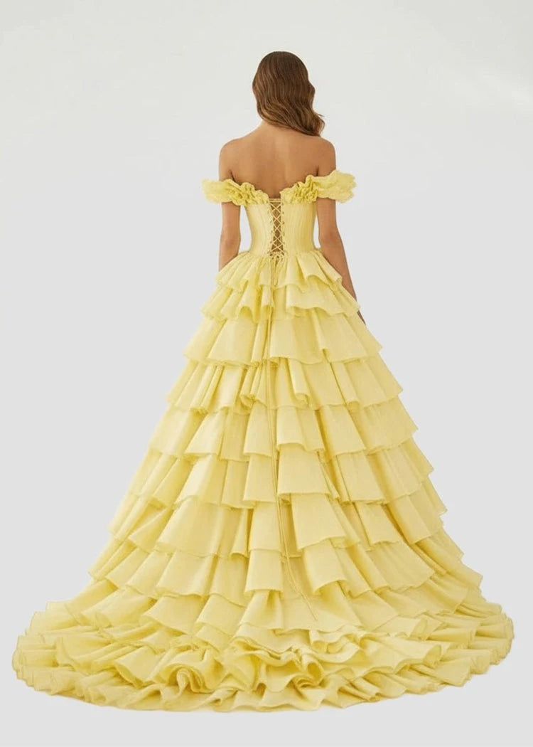 Stunning Off-Shoulder Tiered Ruffle Pastel Yellow Floor-Length Prom Gown