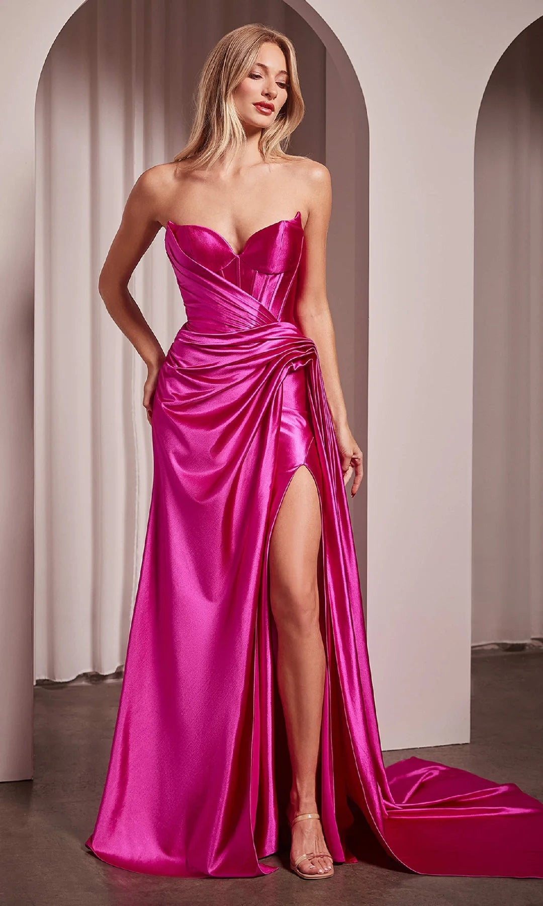 Stunning Sheath Sweetheart Strapless Ruched Slit Fuchsia Prom Dresses Women Gown