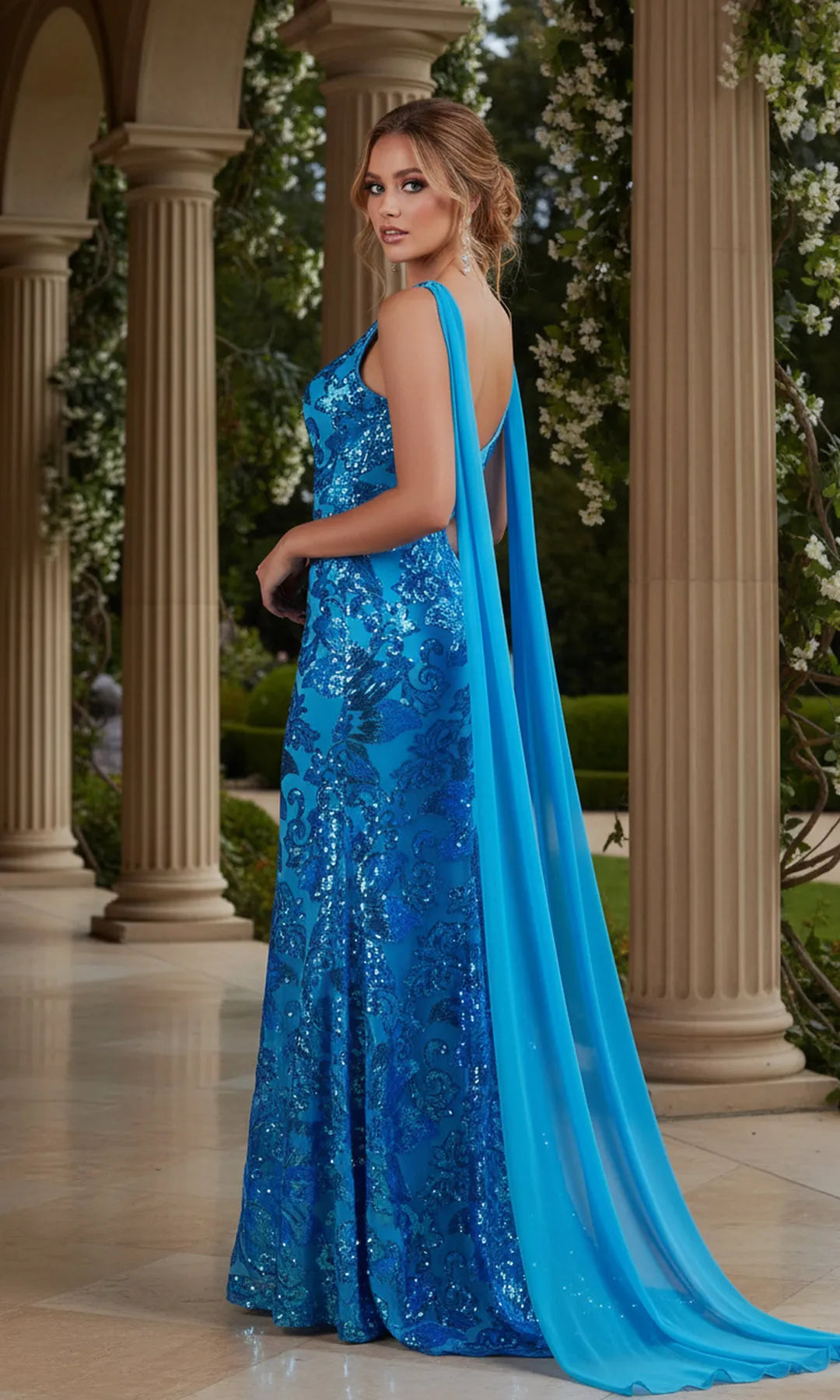 Stunning Sheath V-Neck Sleeveless Slit Cape Blue Long Prom Dresses Gown