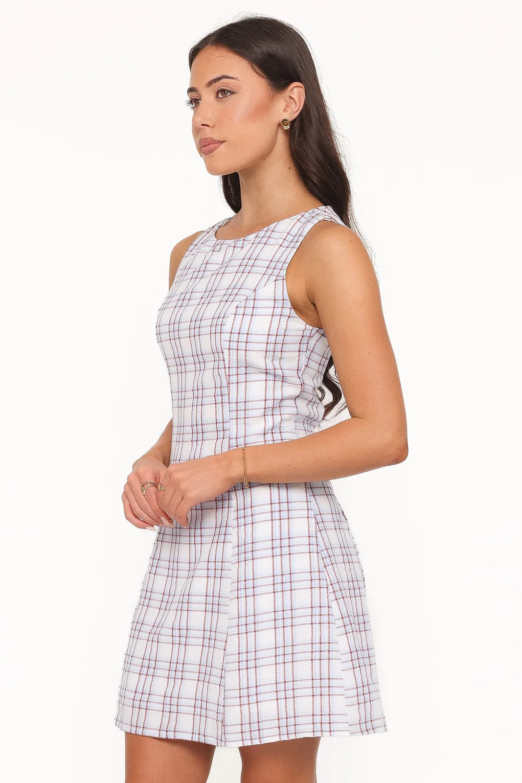 Stylish A-Line Round Neck Sleeveless Plaid Pleated Mini Homecoming Dress