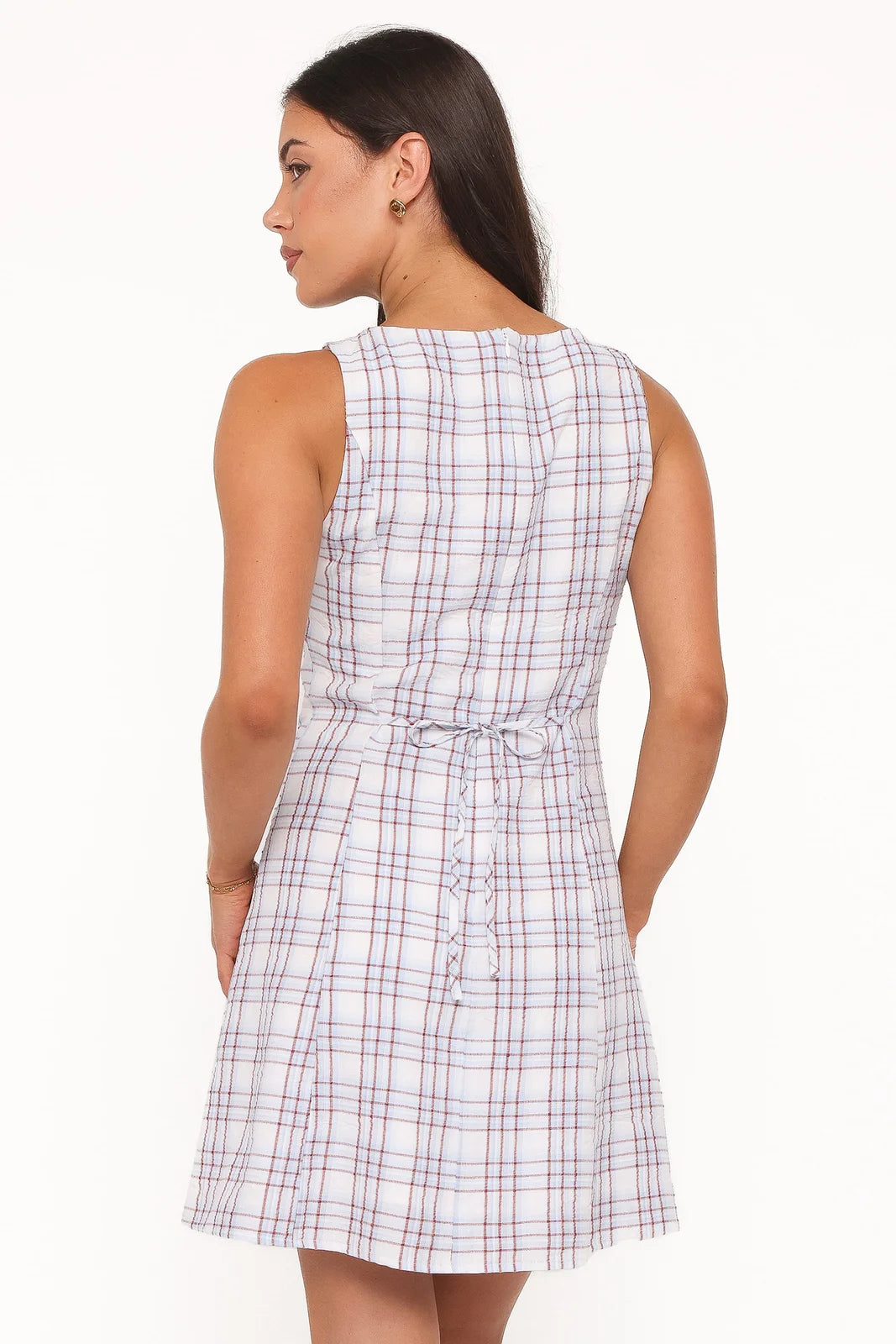 Stylish A-Line Round Neck Sleeveless Plaid Pleated Mini Homecoming Dress