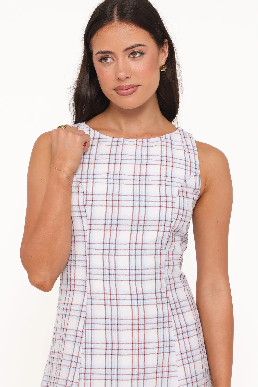 Stylish A-Line Round Neck Sleeveless Plaid Pleated Mini Homecoming Dress