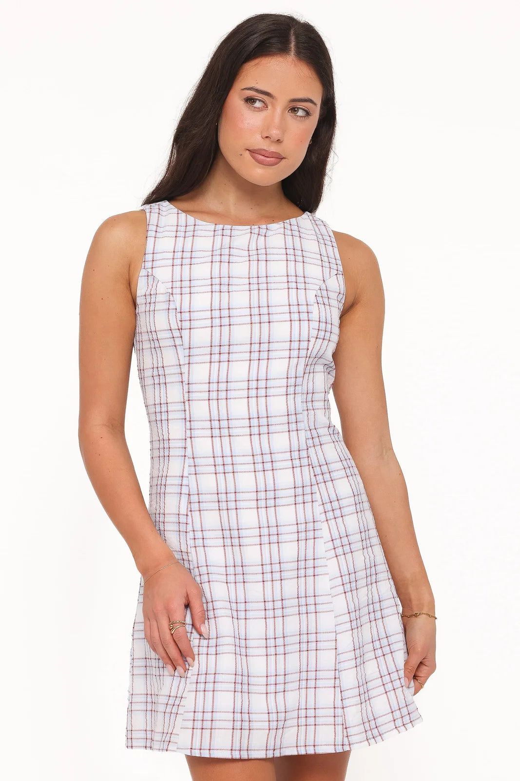 Stylish A-Line Round Neck Sleeveless Plaid Pleated Mini Homecoming Dress