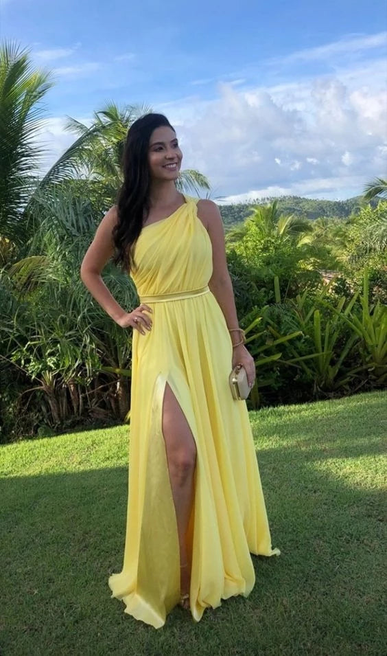 Sunny A-Line One-Shoulder Sleeveless Open Back High-Slit Floor-Length Evening Dress