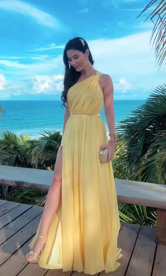 Sunny A-Line One-Shoulder Sleeveless Open Back High-Slit Floor-Length Evening Dress