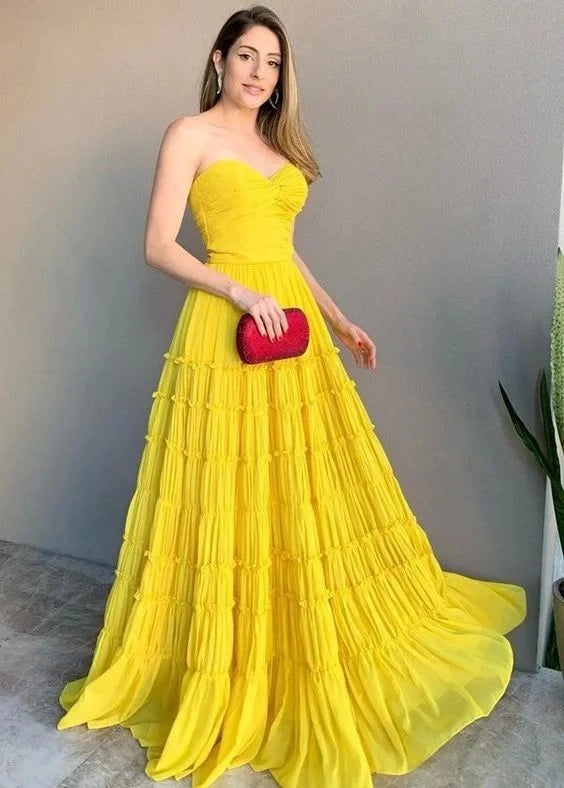 Sunny Ball-Gown Sweetheart Strapless Zipper-Back Ruffled-Tier Floor-Length Prom Dress