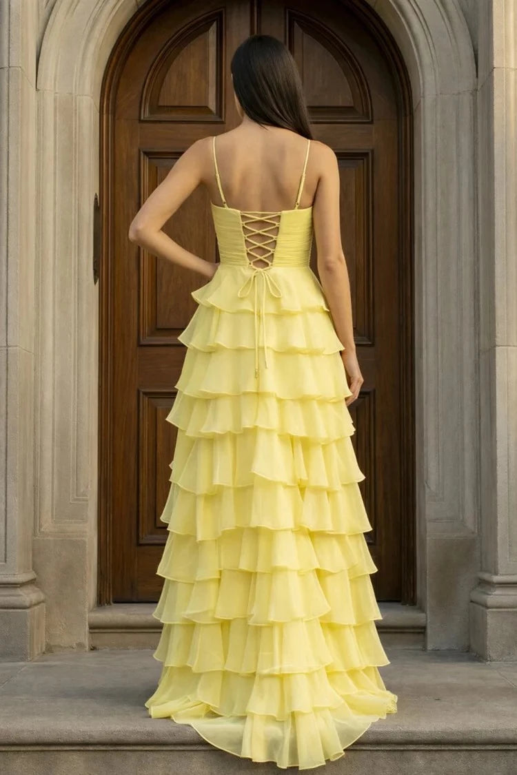 Sunny Mermaid Sweetheart Spaghetti-Strap Lace-Up-Back Bow-Detail Ruffled-Hem Floor-Length Prom Dress