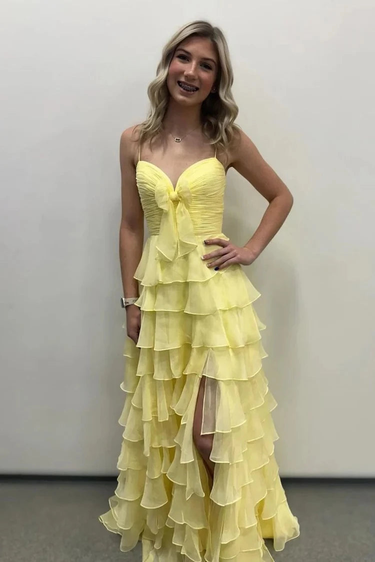 Sunny Mermaid Sweetheart Spaghetti-Strap Lace-Up-Back Bow-Detail Ruffled-Hem Floor-Length Prom Dress