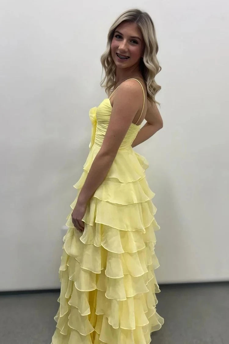 Sunny Mermaid Sweetheart Spaghetti-Strap Lace-Up-Back Bow-Detail Ruffled-Hem Floor-Length Prom Dress