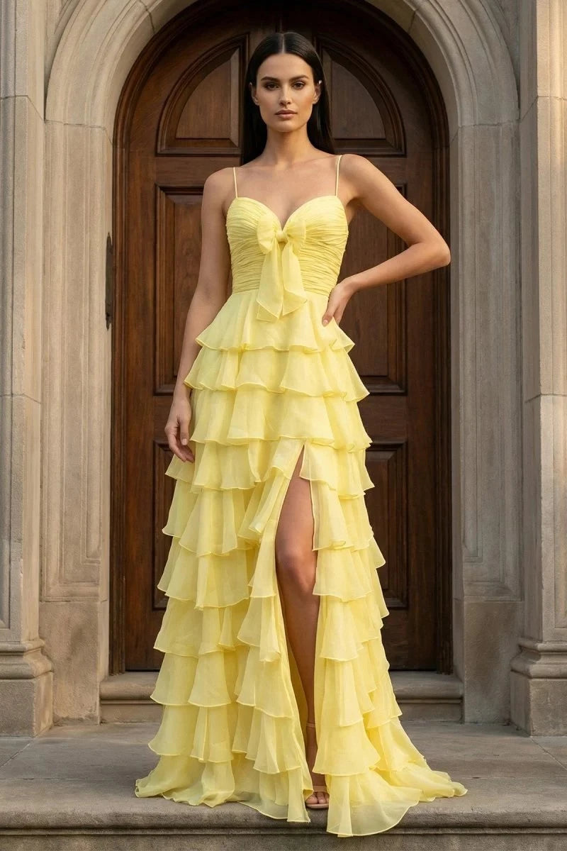 Sunny Mermaid Sweetheart Spaghetti-Strap Lace-Up-Back Bow-Detail Ruffled-Hem Floor-Length Prom Dress