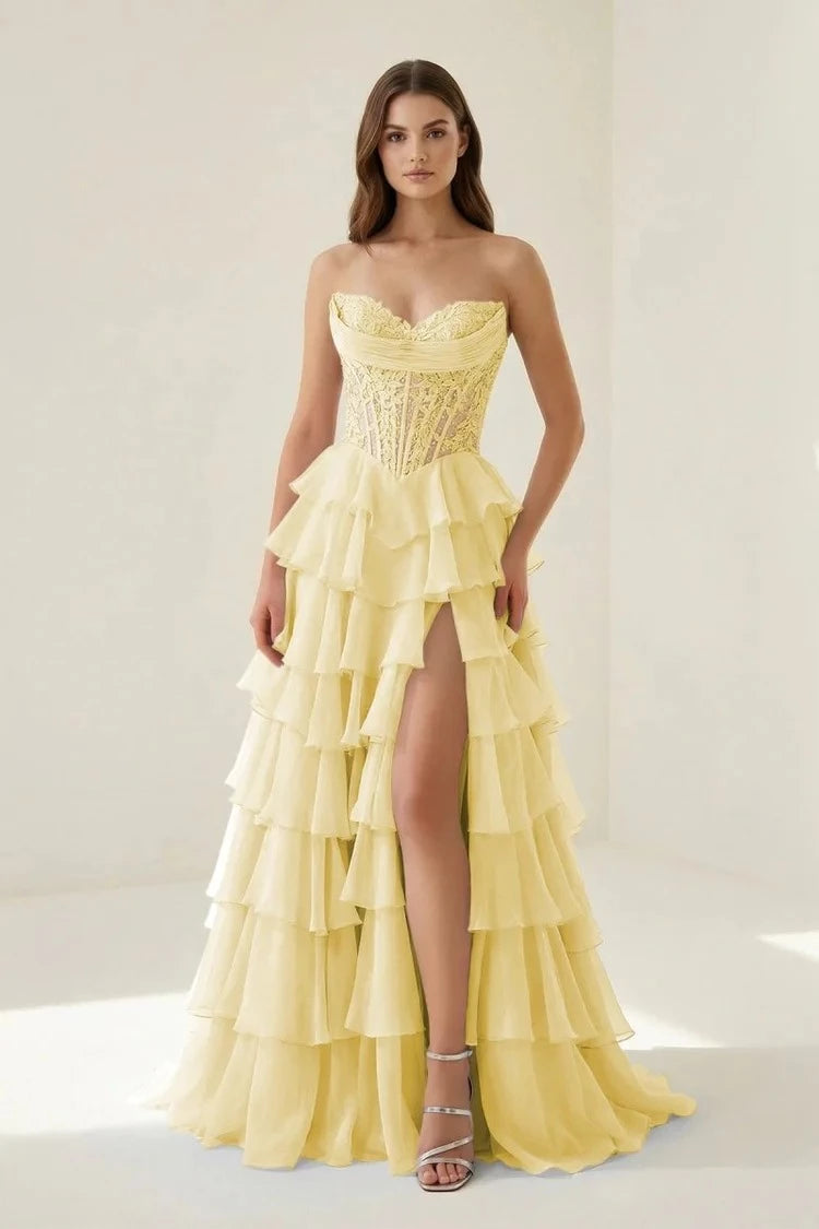 Sunny Mermaid Sweetheart Strapless Lace-Up-Back Ruffled-Hem Floor-Length Prom Dress