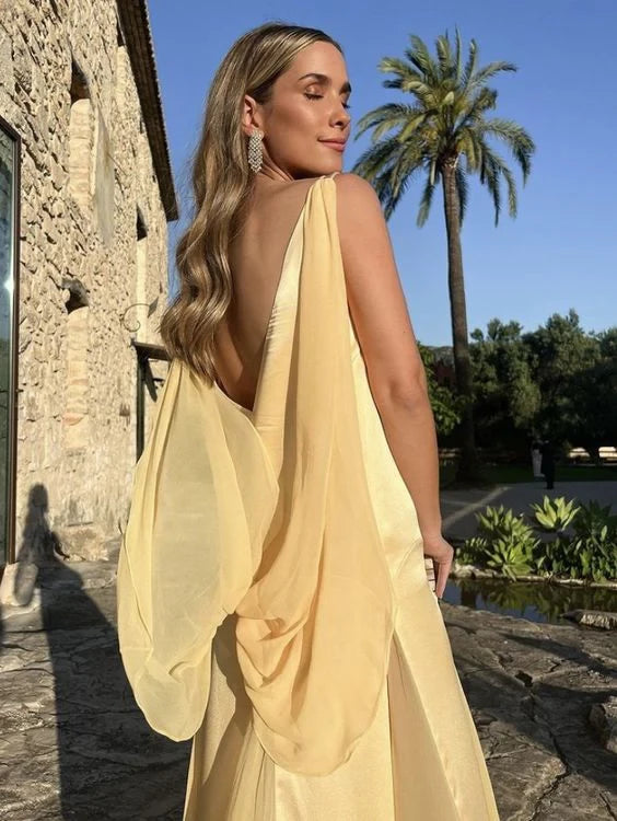Sunny Sheath V-Neck Sleeveless Cowl-Back Draped-Detail Floor-Length Prom Dress
