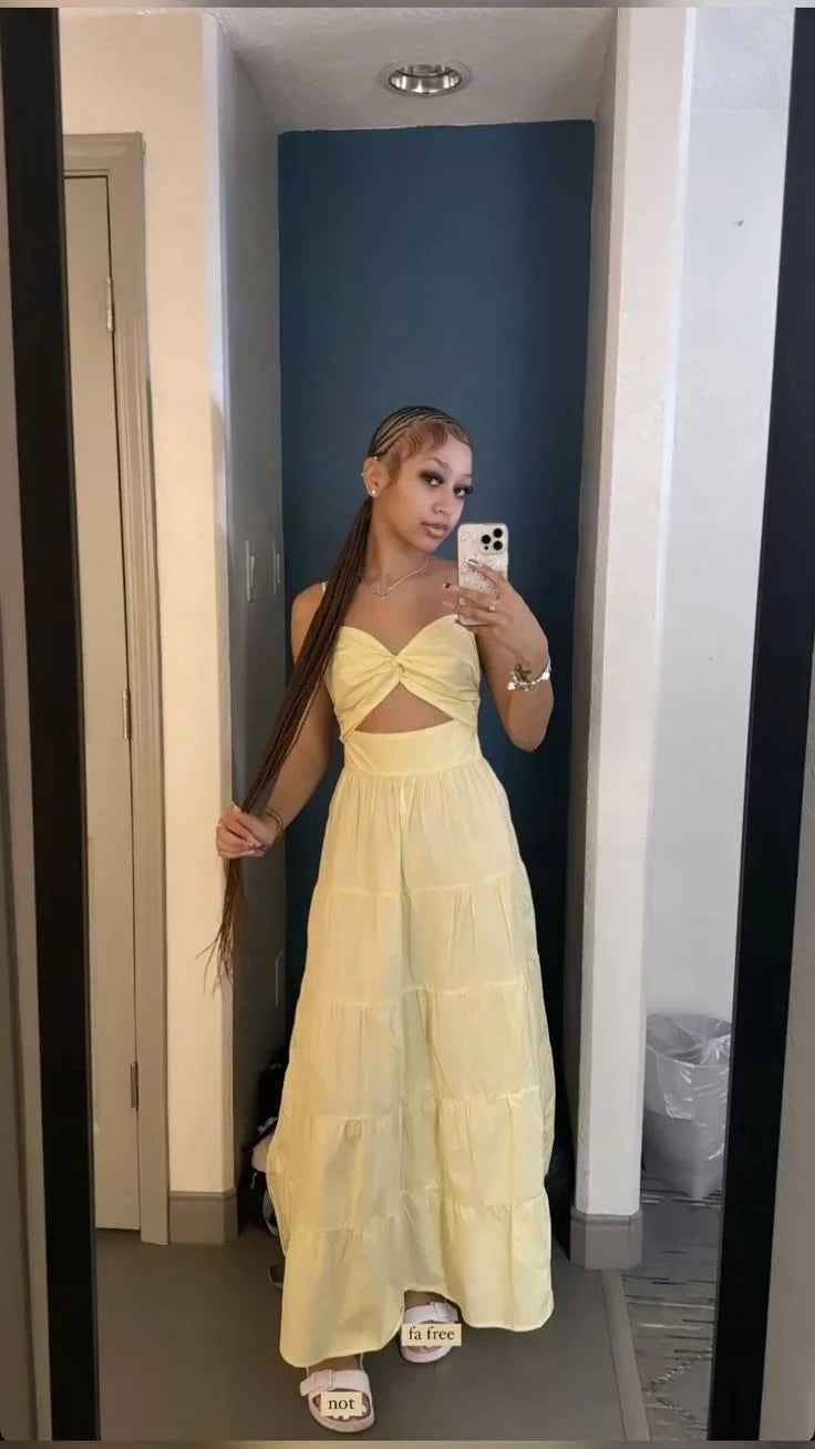 Sweet A-Line Sweetheart Spaghetti-Strap Cut Out Tiered Maxi Evening Dress
