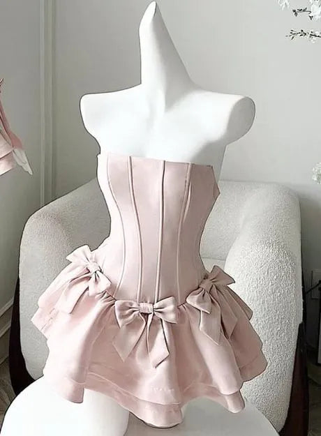 Sweet Strapless Corset Multi Bow Ruffled Skirt Pink Mini Homecoming Dress